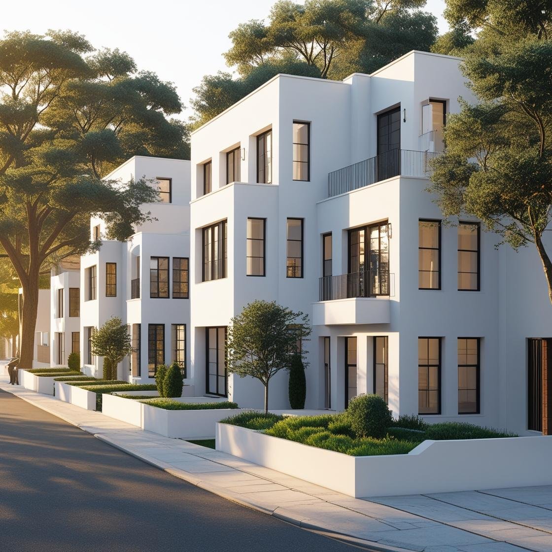 conjunto de casas blancas, elegantes, modernas en ciudad (1)
